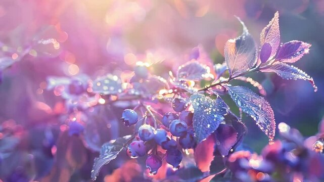 Vibrant dewy berries and leaves in golden sunlight with glowing highlights and colors