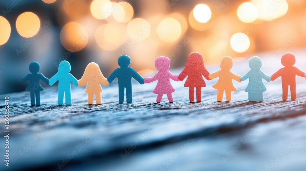 Poster chain of paper people symbolizing unity and teamwork in diverse community