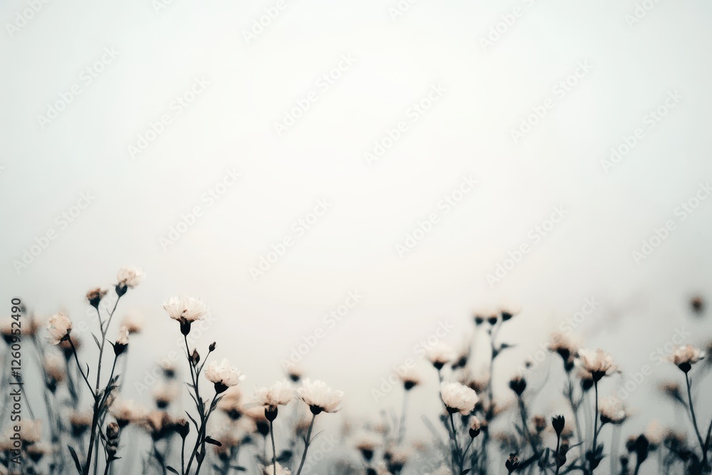Poster delicate white flowers sway gently in the soft light of dawn, creating a tranquil atmosphere in an o