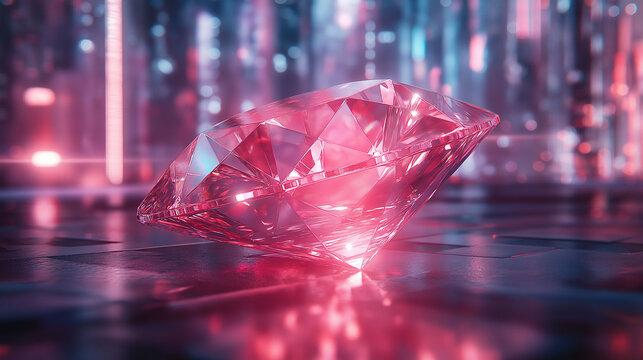 Red Faceted Gem with Neon City Lights in Background