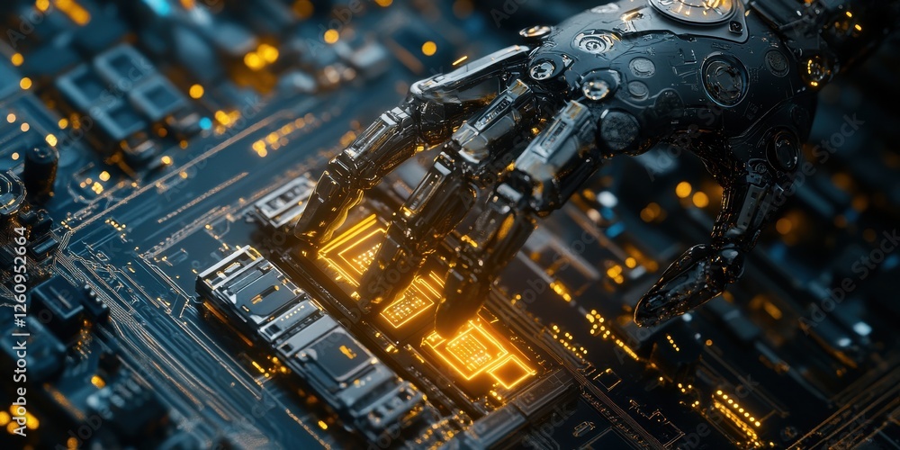 Poster ai-powered robotic arm assembling electronic components close up precision realistic composite moder