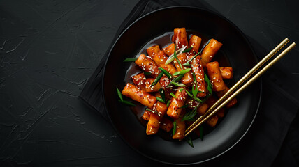 Tteokbokki, a popular Korean street food made of chewy rice and gochujang-based sauce. AI-generated