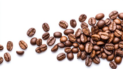 Obraz premium Scattered roasted coffee beans on a white background with copy space for commercial advertising and branding