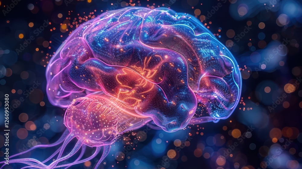 Aufkleber futuristic brain concept with vibrant colorful sparks and technology elements representing innovatio
