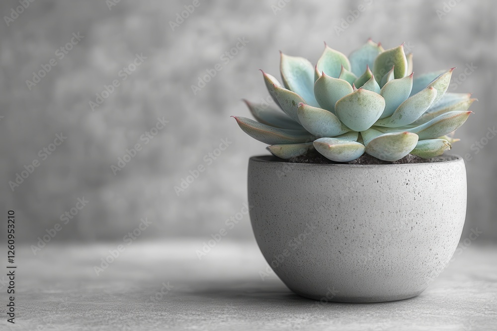 Poster Succulent plant in a minimalist concrete pot placed on a textured surface with soft lighting creating an elegant atmosphere