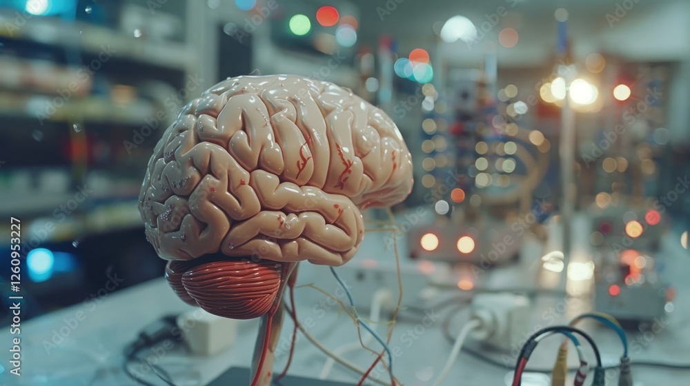 Poster detailed representation of a human brain model in a laboratory setting showcasing technological adva