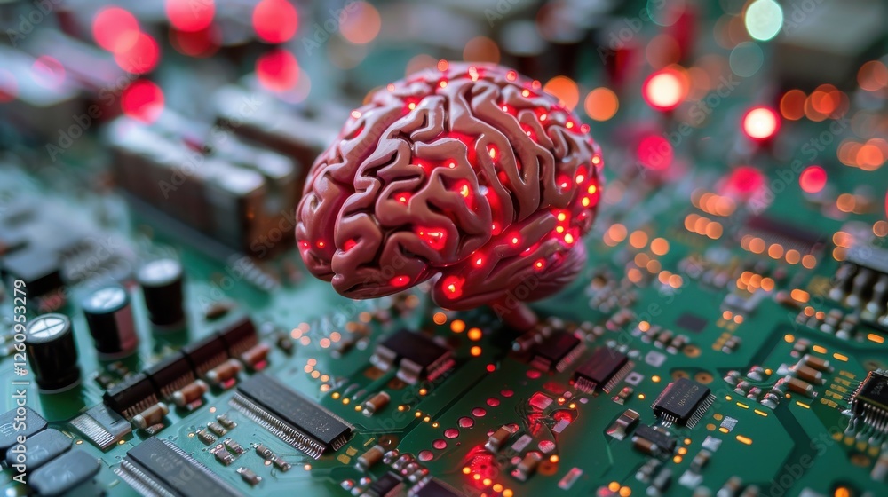Poster futuristic concept of artificial intelligence represented by a brain on a circuit board with neon li