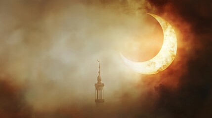 Fototapeta premium Crescent Moon Rises Over Mosque Minaret Silhouette