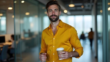 Naklejka premium corporate colleague holding coffee cup in office hallway, professional and stylish individual reflecting business success and networking