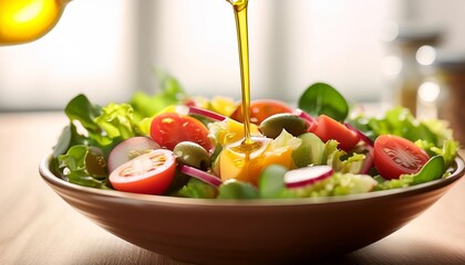 Pouring a Stream of Golden Olive Oil Over a Bowl of Fresh Salad Under Soft Natural Light with Vibrant Colors Popping