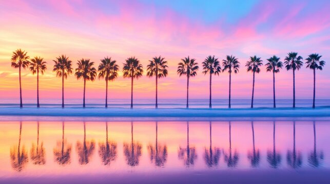 Pastel Paradise: A row of palm trees stands silhouetted against a breathtaking pastel sunrise, their reflections mirrored perfectly in the calm water.  The scene evokes serenity and tranquility. 