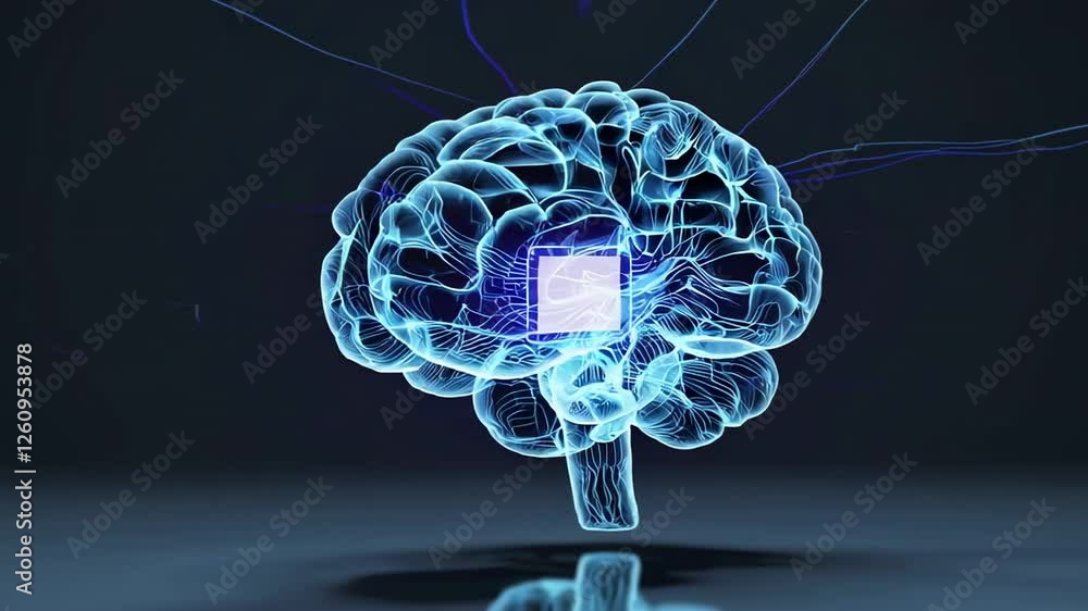 Poster glowing blue wireframe human brain rotating slowly, revealing intricate neural network connections a