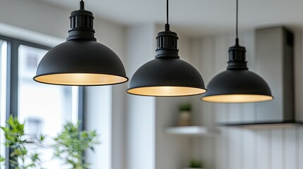 Obraz premium Three black pendant lights illuminate a chic dining space with a warm ambiance in a contemporary design setting