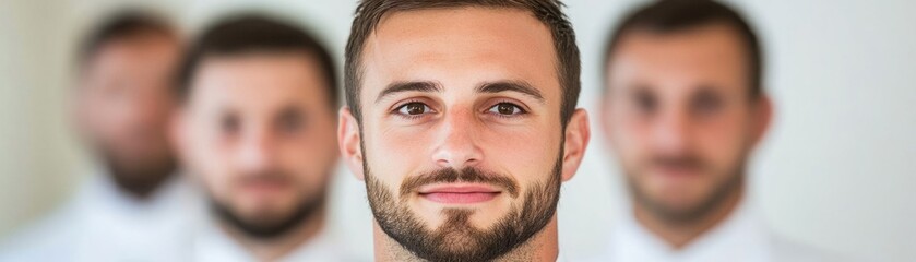 Obraz premium Confident man portrait with blurred background figures representing leadership, professional growth, and the importance of teamwork and collaboration in business settings