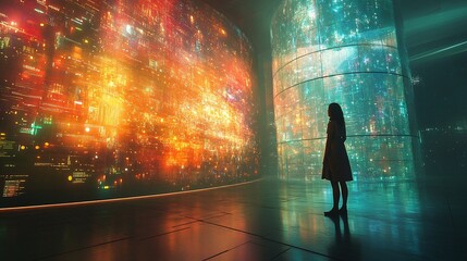 futuristic scene of a young woman exploring a glowing data wall, immersed in cyber technology, questioning reality, and experiencing an advanced digital information display