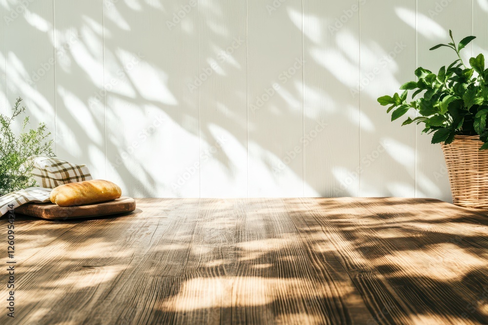 Poster sunlight filters through leaves casting playful shadows on a rustic wooden table with freshly baked 