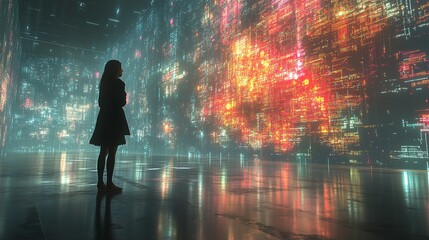 futuristic scene of a young woman exploring a glowing data wall, immersed in cyber technology, questioning reality, and experiencing an advanced digital information display
