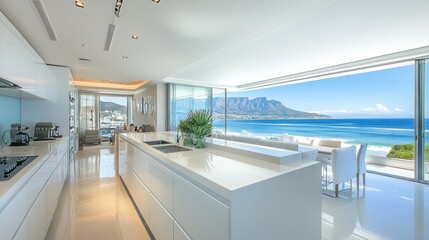 Modern coastal kitchen, ocean view, luxury home