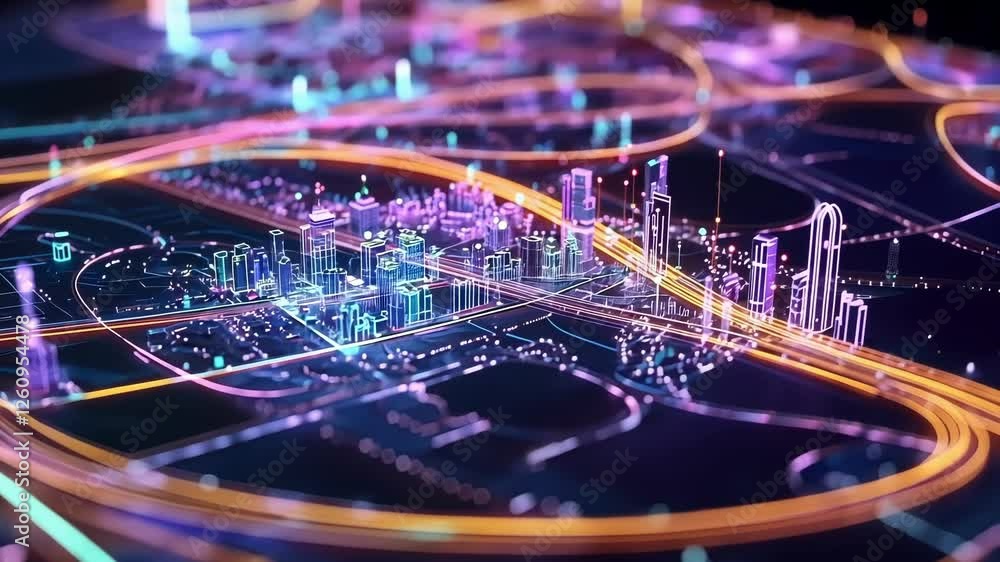Poster an intricate network of holographic pathways connecting citizens to healthcare resources with vibran