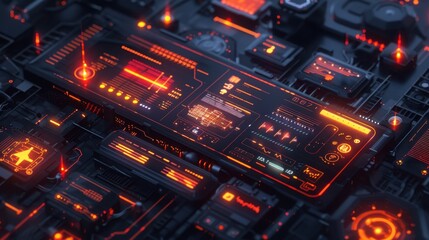 Obraz premium Futuristic Digital Interface with Neon Elements and Data Visualizations on a Dark Background for Technology and Innovation Concepts