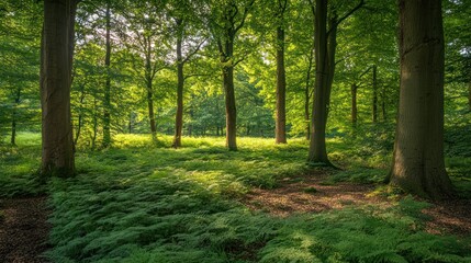 Naklejka premium Sunlit forest fern glade, peaceful nature scene