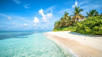 Fototapeta premium Serene tropical beach with clear water and lush palm trees under a bright sky