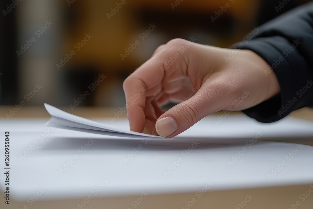 Poster person's hand browsing through a stack of documents on a wooden table in a well-lit indoor space dur