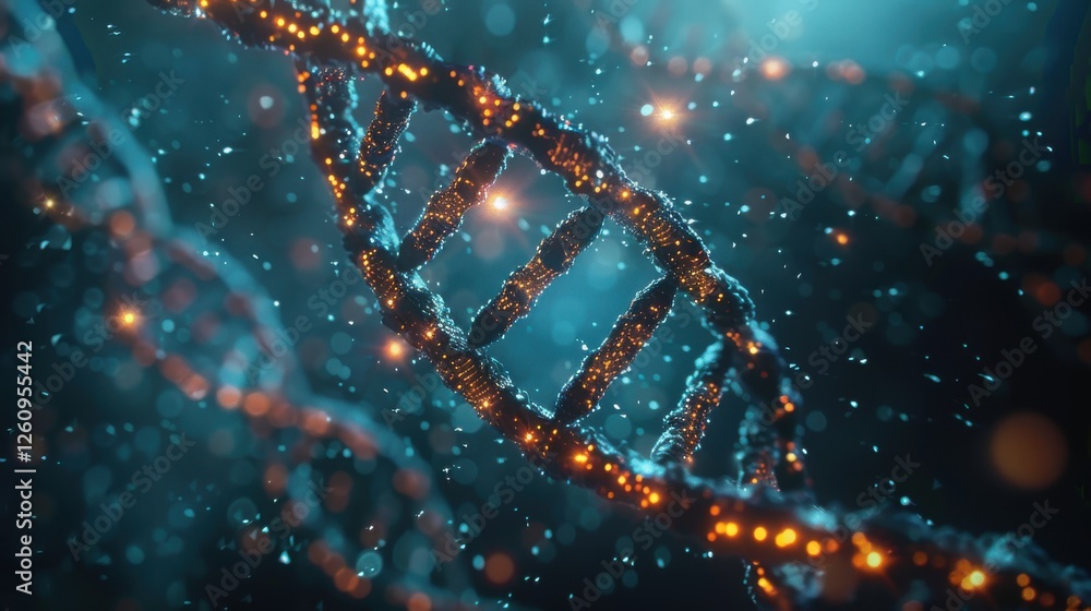 Poster stunning 3d visualization of dna double helix with glowing particles and technology background in a 