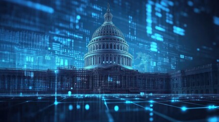Capitol building, digital data, night, future tech