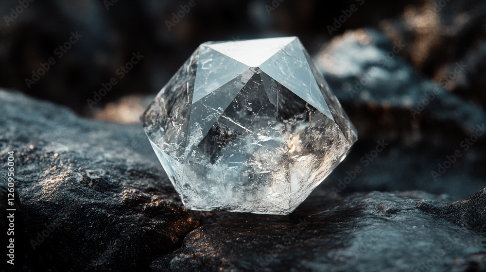 Aufkleber clear crystal resting on dark stones illuminated by soft light in a tranquil setting