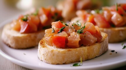 bruschetta with tuna pate, fish rillettes on a white plate , selective focus, close-up