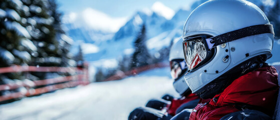 Extreme winter sports team in helmets and reflective visors ride a ski lift. A dynamic shot capturing adventure, teamwork, and the anticipation of an extreme downhill descent.Generative ai