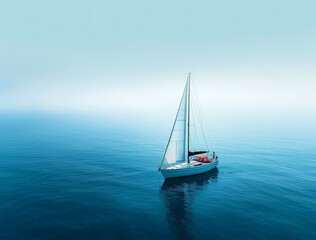 A yacht with white sails sails on the open sea during 