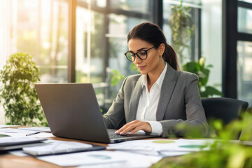 Focused professional financial it specialist latin hispanic business lady working concentrated on laptop pc sitting in office. Middle eastern indian woman using computer technology app for work online