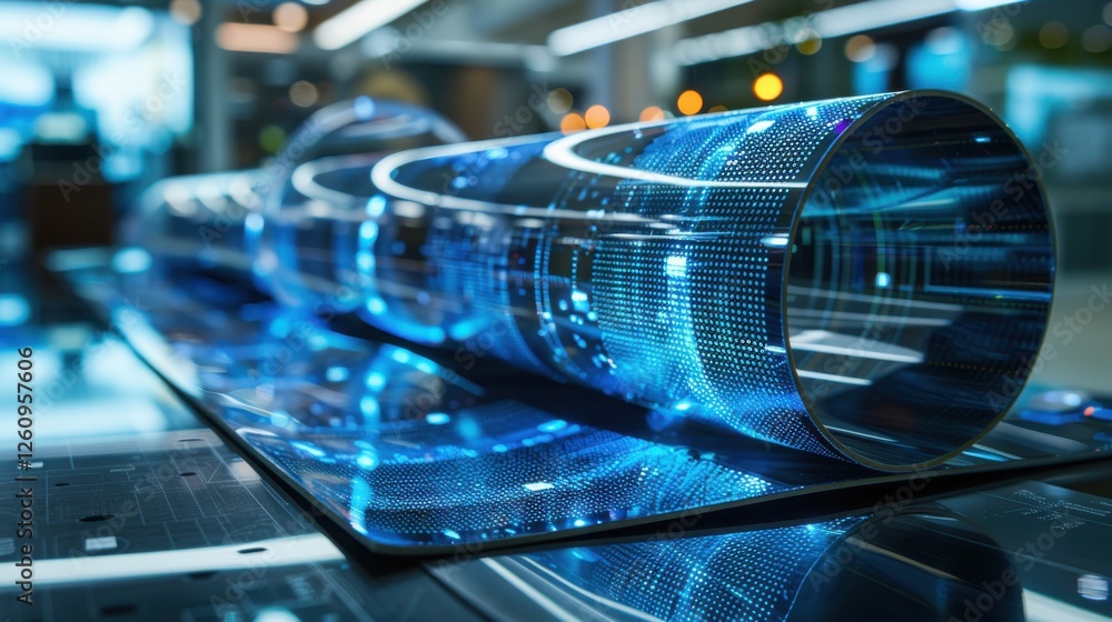 Poster high-tech transparent display technology with futuristic patterns and blue light effects in modern d
