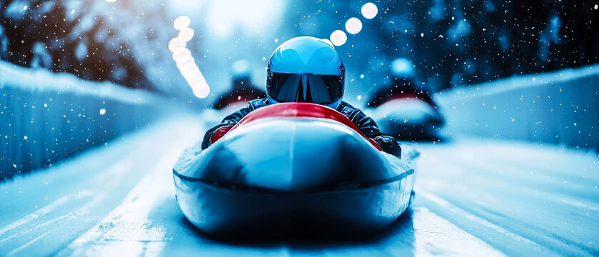 Professional athletes racing down an icy bobsled track at high speed. Dynamic winter sports action, adrenaline, motion blur create an intense competitive atmosphere.Generative ai