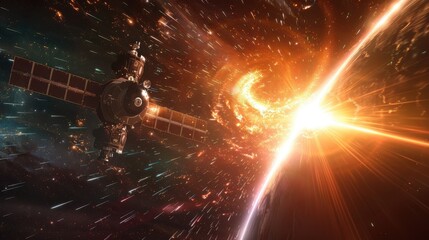 Stunning Visualization of a Spacecraft in Cosmic Environment with Energetic Galaxy Explosion Near Planetary Surface