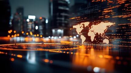 World map cityscape, visualizing global interconnections and urban development