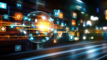 Global communication network, visualizing international connectivity and data flow with icons symbols on a world map
