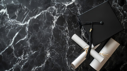 Graduation Cap and Diploma on Black Marble: A black graduation cap rests elegantly beside two rolled diplomas on a sophisticated black marble surface.