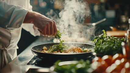 Close-up of chef hand preparing and cooking food on a sizzling pan with hot smoke in the restaurant kitchen