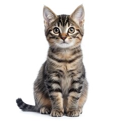 Cute tabby kitten sitting, white background, pet portrait, website use
