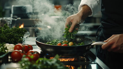 Close-up of chef hand preparing and cooking food on a sizzling pan with hot smoke in the restaurant kitchen