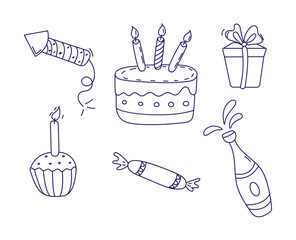 doodle birthday elements, including a cake, balloons, and festive decorations. Perfect for party invitations, greeting cards, celebrations, and event designs.