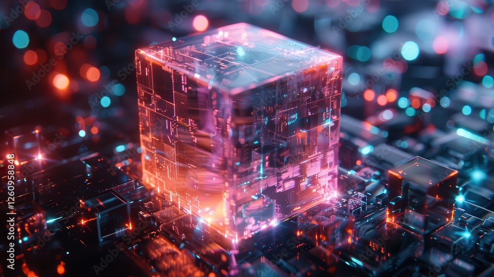 Poster futuristic technology cubes in a digital landscape with neon lights and circuit patterns for innovat