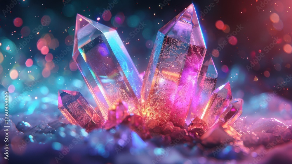 Poster vibrant crystals in colorful light displaying reflections and patterns for technology and art innova