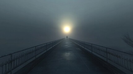Solitary figure walks foggy bridge sunrise