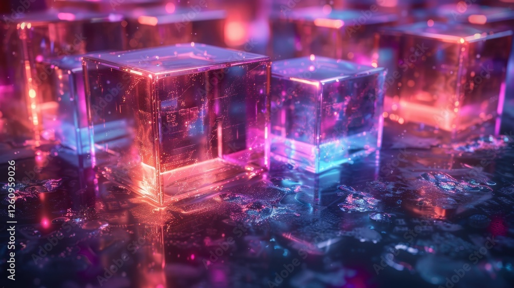 Poster futuristic abstract scene of glowing cubes and reflections in a technology-inspired environment with
