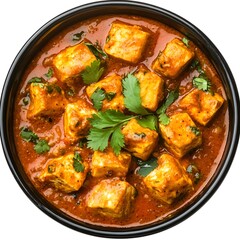 Delicious paneer tikka masala in a black bowl.