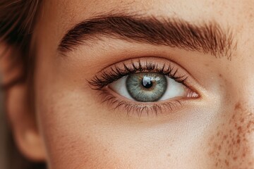 Obraz premium Captivating close-up showcasing a mesmerizing blue eye with freckles and defined brows against a neutral background in soft natural light